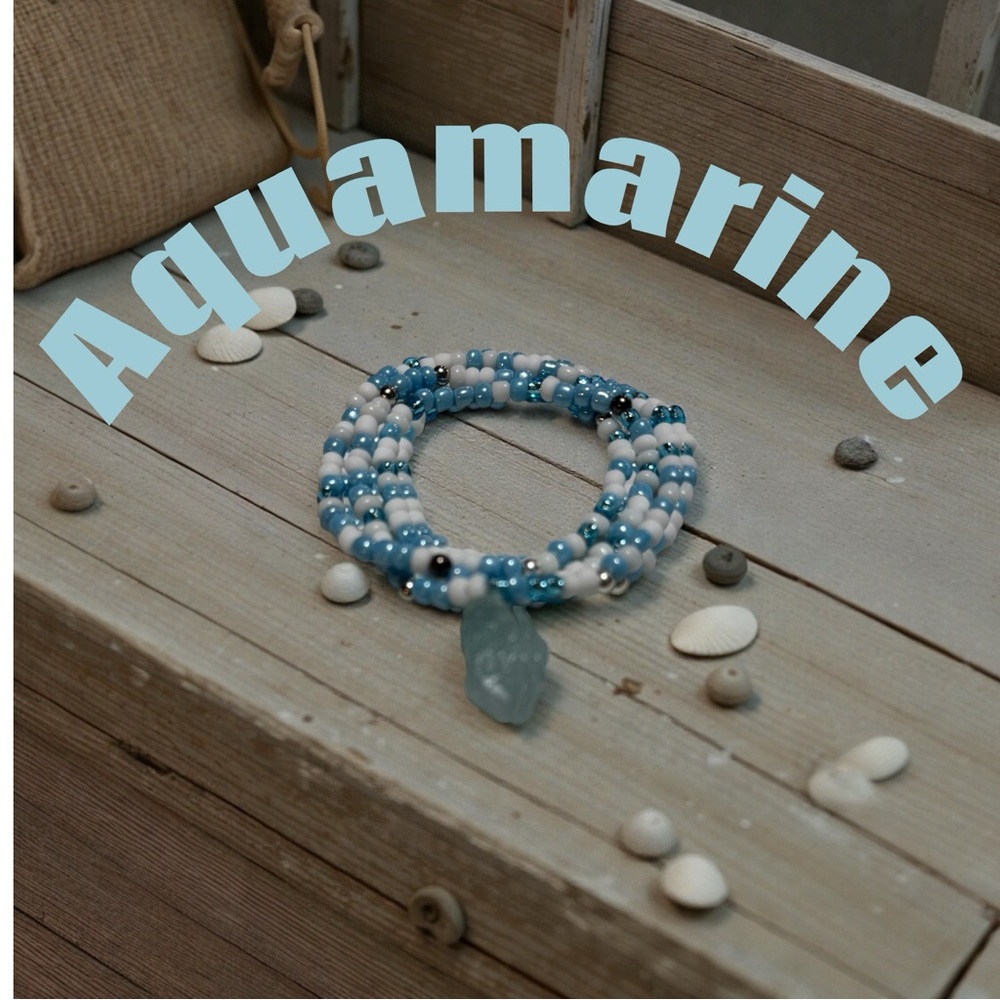 Handmade Blue & White Beaded Wrap Bracelet with Aquamarine Pendant - Picture 2 of 5